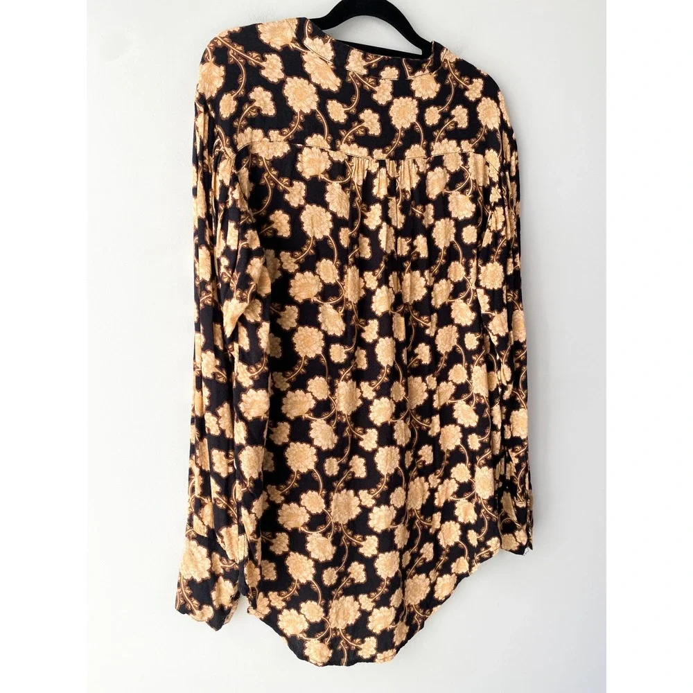Free People Mia‎ Floral Tunic Top S Peasant Black Brown Boho Festival Oversized
